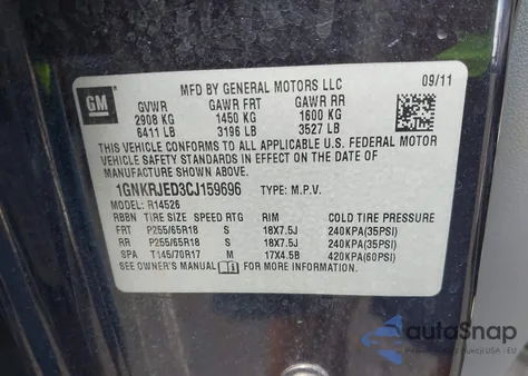 2012 Chevrolet Traverse 2Lt z USA, uszkodzony, nr VIN 1GNKRJED3CJ159696